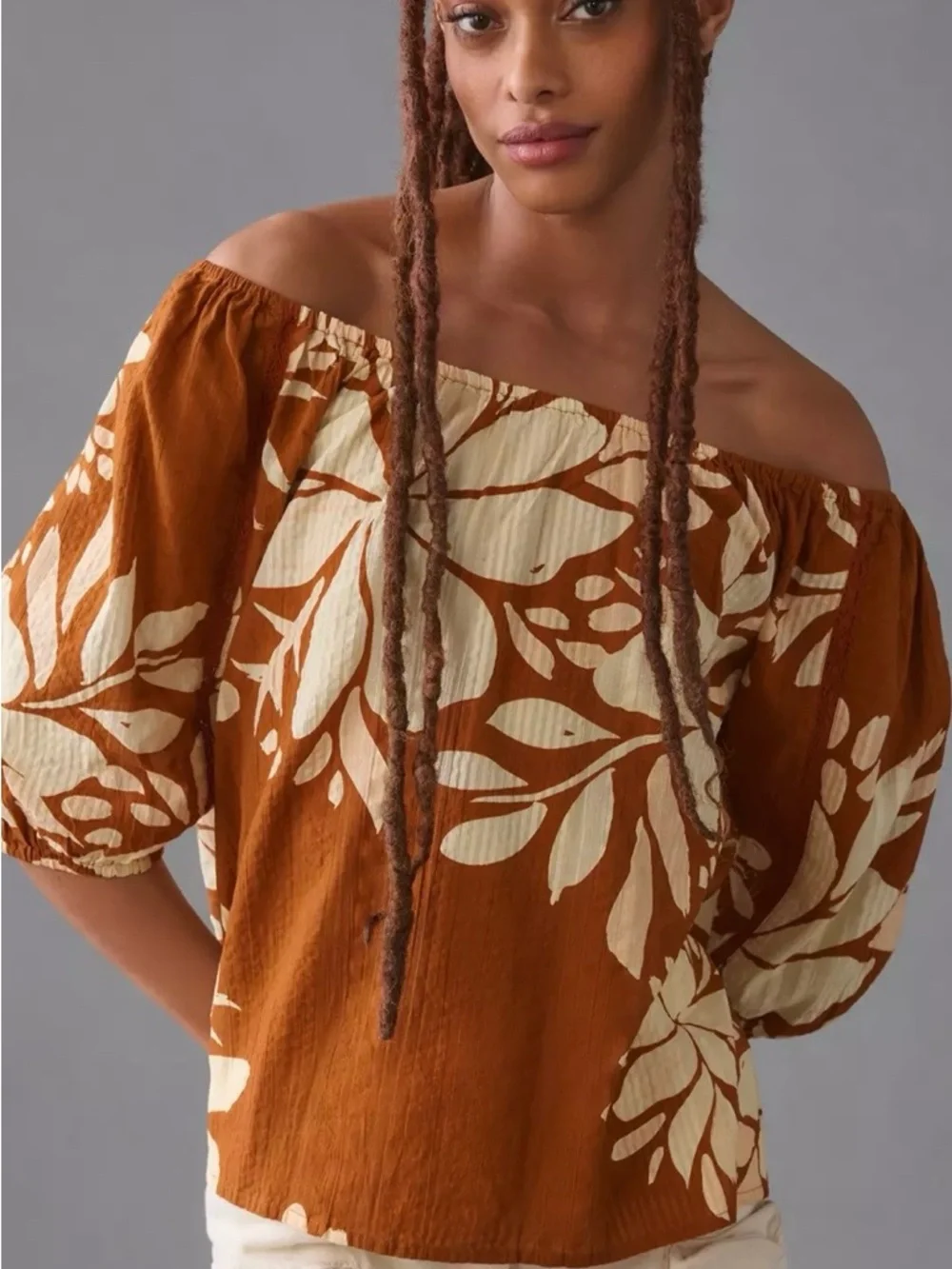 NWT Anthropologie Off the Shoulder Floral Striped Top Size Small Oversized Flowy